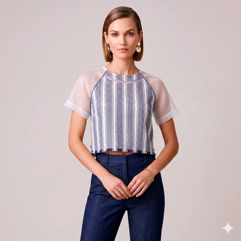 Greylin Anthropologie Boho Linen Cotton Crop Top M Sheer Sleeves Organza Coastal - Picture 1 of 11
